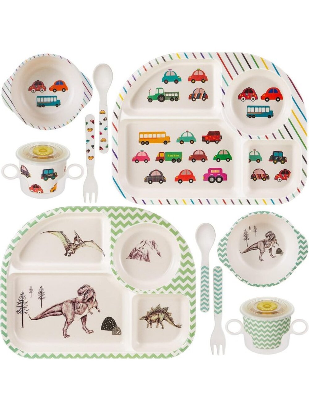 10 Pcs Kids Dinnerware Set - Cartoon Dinosaur & Car Plates, Bowls, Utensils, Cup